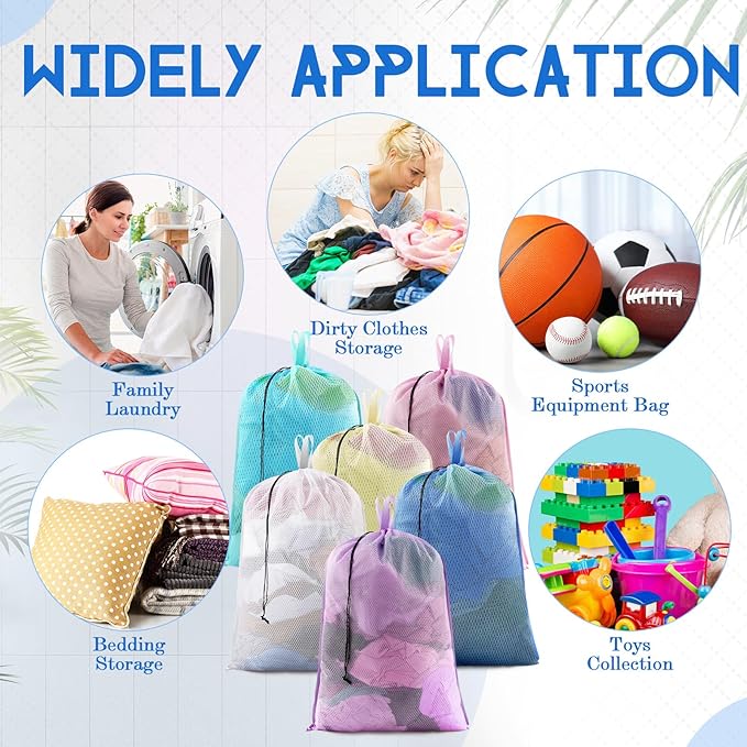 6 Pack 24 x 36 Inches Colorful Mesh Laundry Bag with Handles Machine Washable Secure Drawstring Closure Large Sturdy Mesh Net Laundry for College Travel Dorm Laundromat
