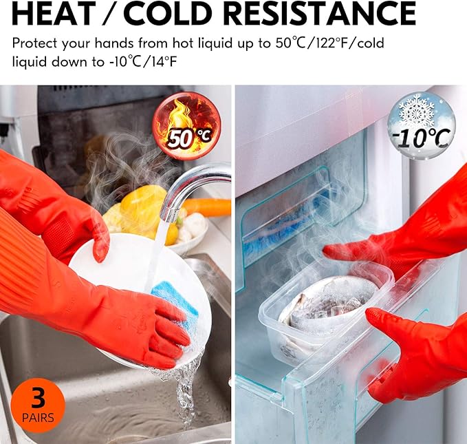 Vgo... 3-Pairs Dishwashing Gloves, Reusable Household Gloves, Long Sleeve, Thick Latex, Cleaning, Washing, Working, Painting, Gardening, Pet Care (Size L, Red, RB2143)