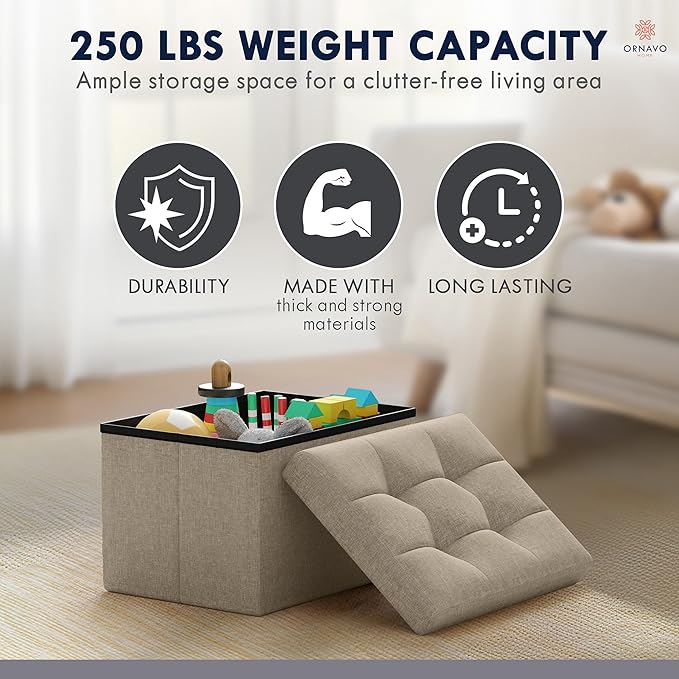 Ornavo Home Small Storage Ottoman Foldable Collapsible Rectangle Linen Ottoman Foot Rest Stool Seat, for Living Room, Bedroom, Home Office, Dorm - 12 x 16 x 12, Taupe