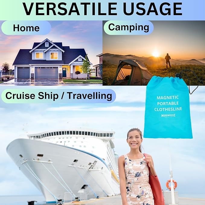 Magnetic Clothesline for Cruise Ship Cabin Approved - Strong Rubber Coated Non-Scratch Magnets, Travel Clothesline for Cruise Ship Essentials 2025 Updated Stronger Magnets