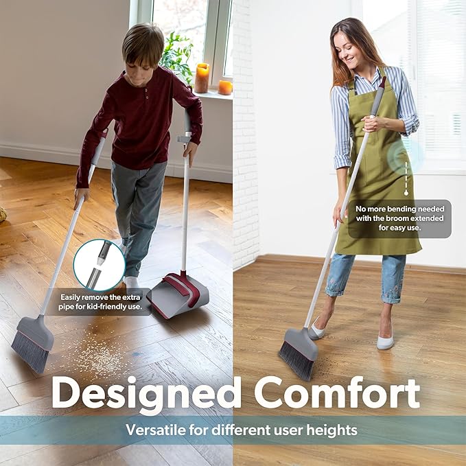 BLACK+DECKER Butler Broom & Dustpan Set - Stand-Up Design - Lightweight, Space-Saving Combo for Kitchen, Living Room, Bathroom, Lobby Floors - Home Cleaning Essential, Light Gray/Burgundy