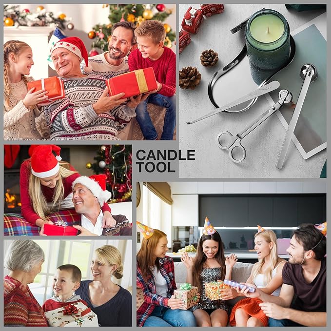 PATOISE 4 in 1 Candle Accessory Set, Candle Wick Trimmer Cutter, Candle Snuffer, Candle Wick Dipper Mini, Tray Holder in Gift Package for Candle Aromatherapy Lovers(4PCS Silver)