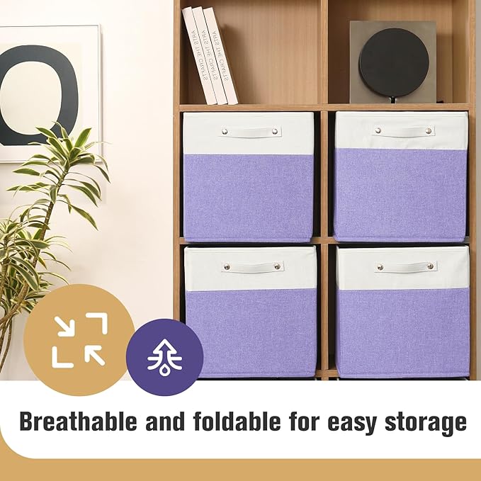 13 x 13 Inch Fine Linen Storage Bins with Handles,Fabric Cube Boxs,Collapsible Basket Organizers for Shelves for Home, Closet Drawers (White/Purple-4 Pack)