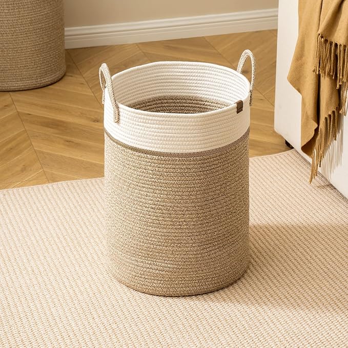 LA JOLIE MUSE Woven Basket Rope Storage Baskets - Tall Cotton Basket, Laundry Basket for Blanket, Kids Toy, Nursery Clothes Hamper Basket-L
