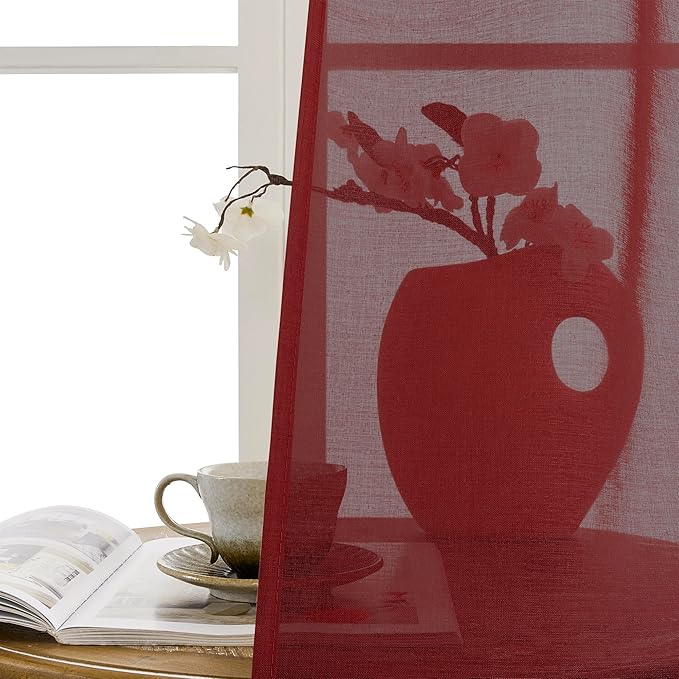 Tollpiz Sheer Curtains Closet Linen Textured Curtain Sheers Doorway Light Filtering Voile Patio Glass Door Rod Pocket Curtains French Door, 54 x 80 inches Long, Burgundy Red, Set of 1 Panel