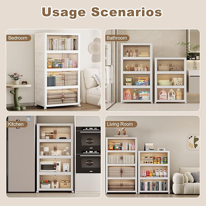 SAILUN 308QT Extra Large Collapsible Storage Bins with Wheels and Lid, Stackable Storage Bins Open Closet Organizers and Storage Storage Containers Drawers,23.6" L × 15" W × 54.5" H(4 Pack)