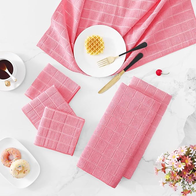 Homaxy Microfiber Kitchen Towels and Dishcloths Set, 12 Pack Soft and Absorbent Dish Hand Towels Bulk, 28 x 16 Inch & 12 x 12 Inch Quick Drying Rags for Washing Dishes, Pink