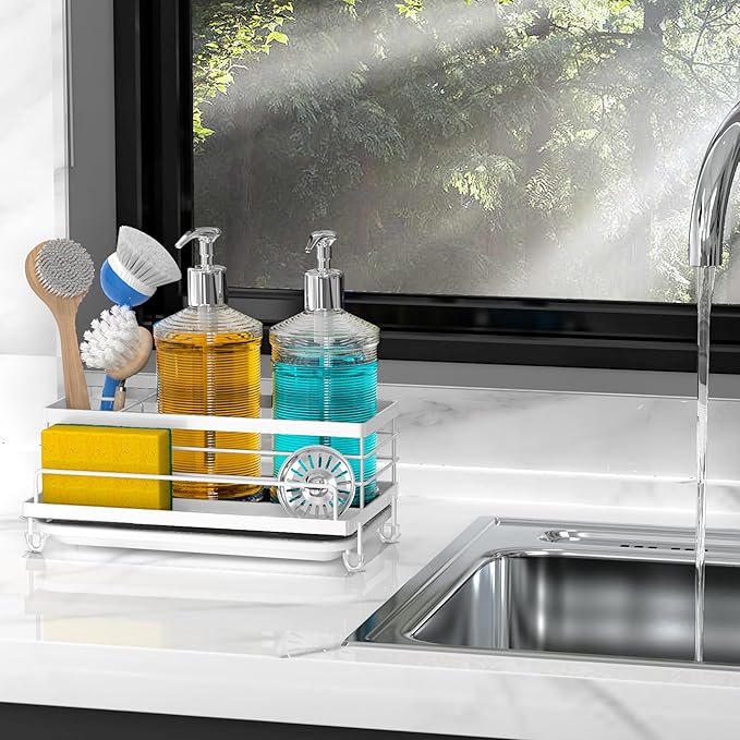 Cisily Sponge Holder for Kitchen, Sink Caddy Organizer, Kitchen Sink Accessories with Drip Tray, Rustproof and Non-Slip Kitchen Sink Sponge Holder, Kitchen Essentials for New Home(White)