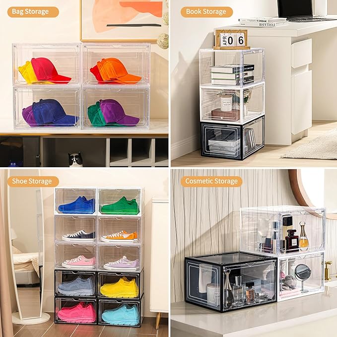 12 Pack Black Shoe Boxes Stackable,Large Shoe Storage Organizer with Magnetic Door,Drop Side Shoe Containers for Entryway,Sneaker Storage Fit up to US Size 12 for Men/Women(13’’x 10.62”x 8.26”