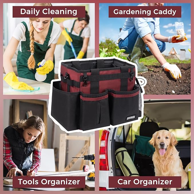 Compact Wearable Cleaning Caddy, Small Cleaning Caddy Supplies Organizer with Handle & Shoulder Straps for Housekeepers, Under Sink & Car Cleaning Tool Organizers Bag (AncoraRed)
