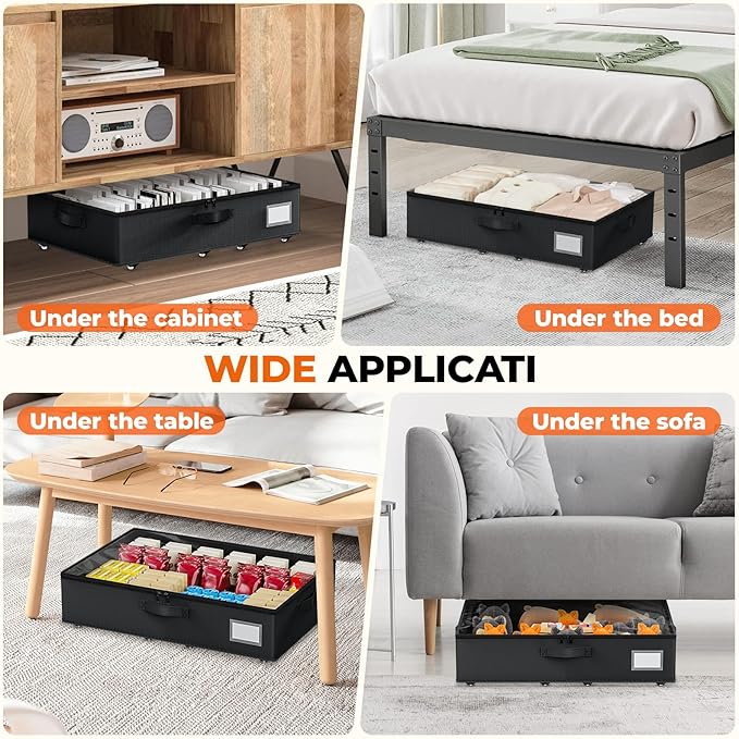 Underbed Storage with Wheels, 2 Pack Under Bed Storage Containers with Clear Lids No Assembly Required, 6.1 inch Rolling Under Bed Storage for Clothes, Shoes