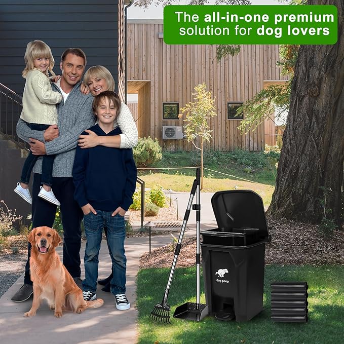 Dog Poop Trash Can Outside with Pooper Scooper and Metal Rake & Tray, 20L/5Gal Dog Waste Trash Can with Lid, Pedal and Removable Inner Waste Bin, Pet Poop Bin with 100 Bags