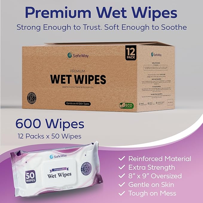 SAFEWAY Adult Wipes Disposable — Multi-Purpose Wipes, Alcohol-Free, Preferred by Caregivers for Seniors & Incontinence Solution, Aloe-Infused, Gentle for Delicate Skin — Extra Large, 12 Pack 600 pcs.
