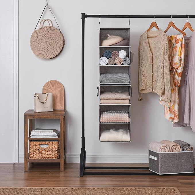StorageWorks 6-Shelf Closet Organizers, Two 3-Shelf Separable Hanging Shelves for Closet, 12" D x 12" W x 48 ¼"H, Canvas, Gray