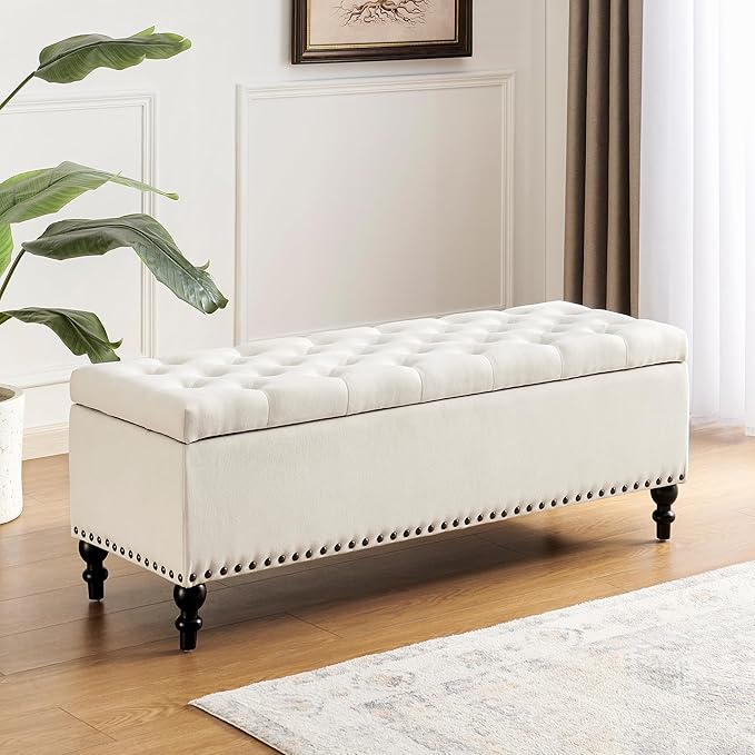 Storage Ottoman 50.2 Inches Upholstered Fabric Storage Ottoman Bench,Button Tufted Ottoman with Storage for Living Room,Bedroom End of Bed Bench Withstands 304lbs