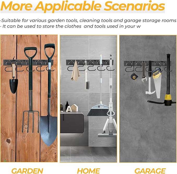 51 Inch Garden Tool Organizer Wall Mount with Non Slip Rubber Coated Metal Hooks, Storage Rack for Indoor/Outdoor Shovel, Rake, Mop and Broom Holder Wall Mount ( 15 Hooks+15 Holders