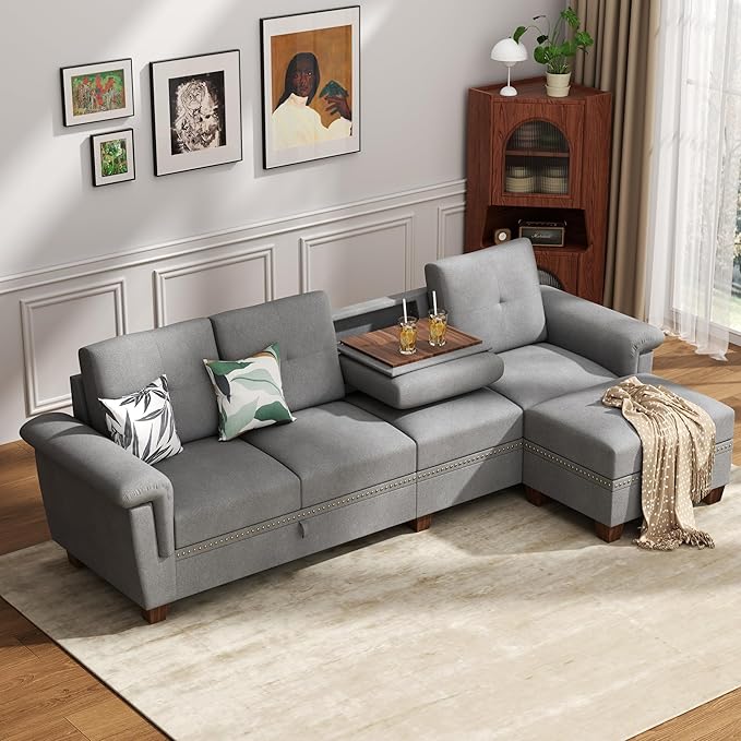 JAMFLY 108" Modular Sectional Sofa with Storage, L Shaped Sofa Couch with Reversible Ottoman, 4-Seat Convertible Sectional Couches with Cup Holders for Living Room, Apartment, Light Grey