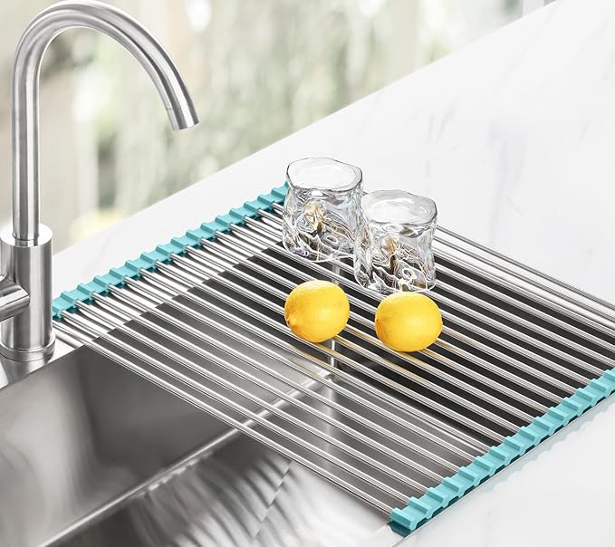 Tomorotec 21" x 15.5" Roll Up Dish Drying Rack Over Sink Drying Rack Sink Cover Kitchen Sink Accessories Gadget Multipurpose Organizer Foldable Stainless Steel Drainer