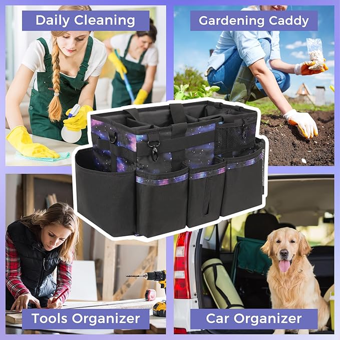 Wearable Cleaning Caddy, Cleaning Caddy Supplies Organizer with Handle & Shoulder Straps for Housekeepers, Under Sink & Car Cleaning Tool Organizers Bag with 4 Foldable Divider (StarrySky)