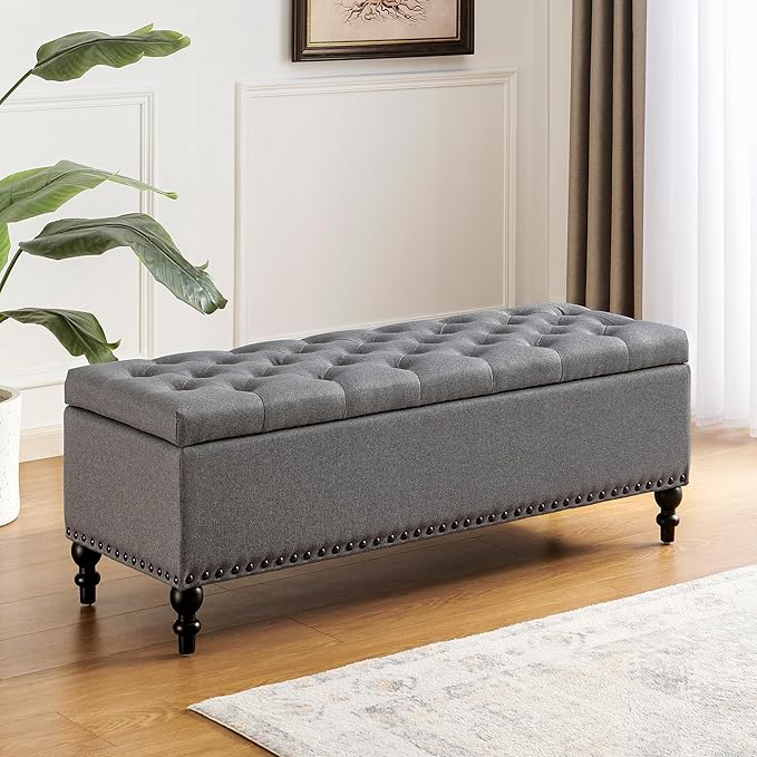 Storage Ottoman 50.2 Inches Upholstered Fabric Storage Ottoman Bench,Button Tufted Ottoman with Storage for Living Room,Bedroom End of Bed Bench Withstands 304lbs
