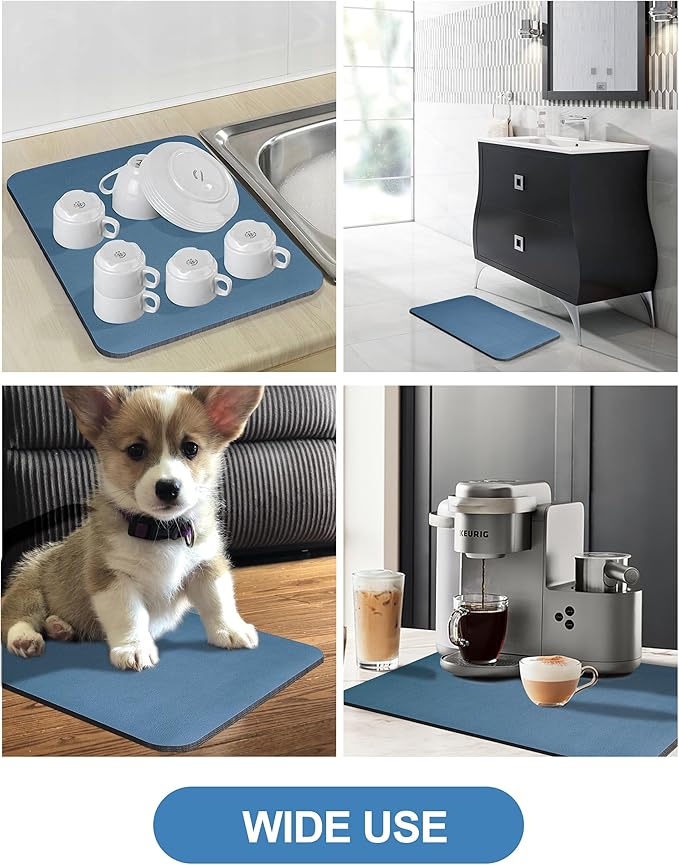 Dish Drying Mat for Kitchen Counter, 12"x19" Dish Drying Pad with Non-slip Rubber Backed, Hide Stain Anti Absorbent for Kitchen Counter, Drying Mat for Coffee Machine Dish Rack (Blue)