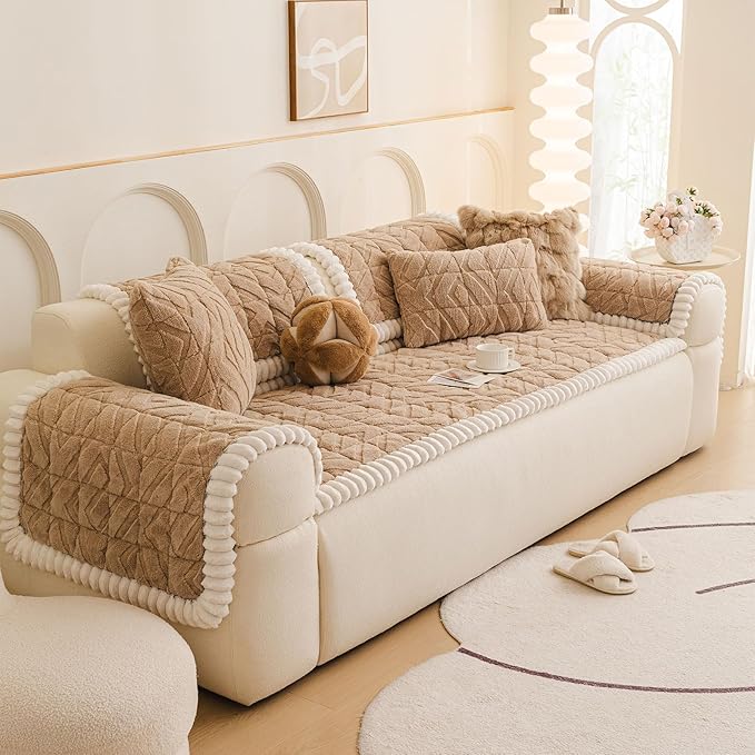 OTOB All Season Couch Cover for Dogs Washable, Non Slip Fuzzy Plush Pet Couch Covers Kids Pet Friendly, Geometric Jacquard Modern Soft Loveseat Sofa Slipcovers Protectors (Coffee, 27.6"x59.1")