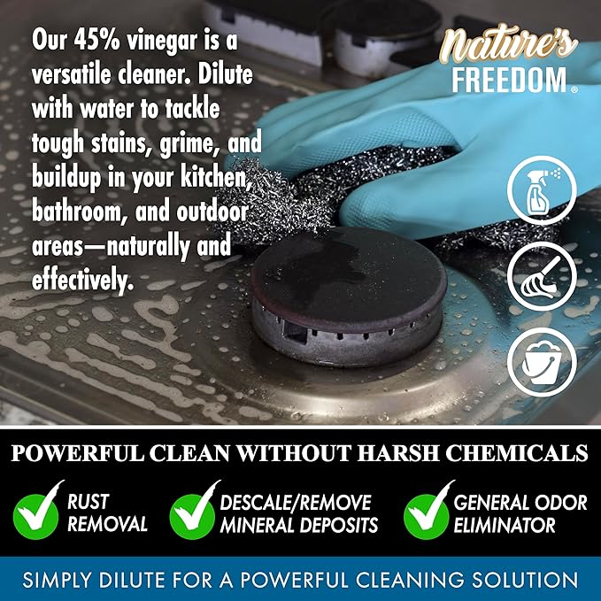 Nature's Freedom 45% Concentrated Vinegar with Funnel, 8 Gallons - Dilutes to 72 Gallons - 9x Strength Multi-Purpose Solution