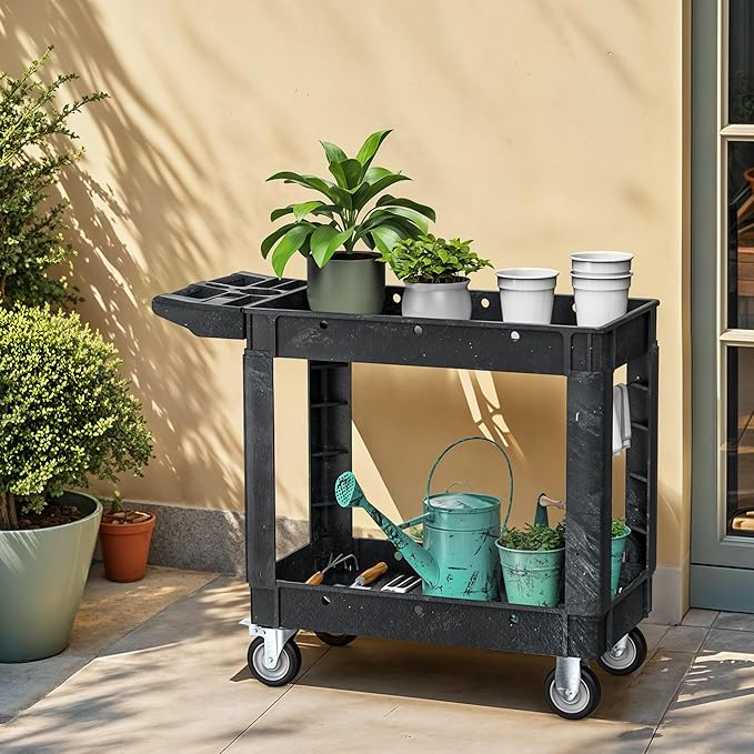DWVO Utility Cart, 1000 lbs Capacity, 2 Shelf Heavy Duty Plastic Service Utility Cart on Wheels, Rolling Storage Work Carts Suitable for Warehouse, Garage, School & Office, Cleaning, Black