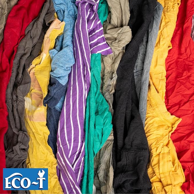 25 Lb Box Eco-T Mechanic Shop Rags - Colored T-Shirt Material, 100% Recycled, Eco-Friendly, High Absorbency, Low Lint, Low-Cost, Industrial Use Wiping Cloth
