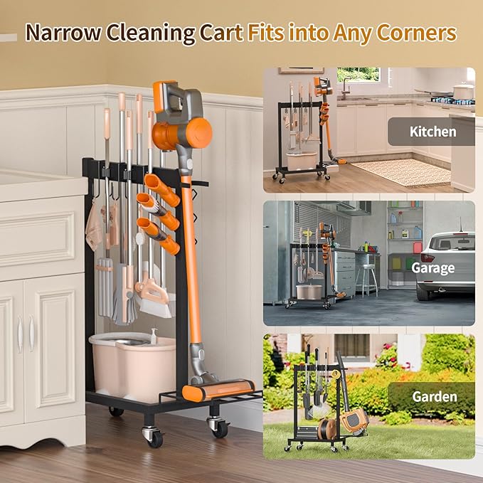 Cleaning Supplies Organizer with Broom Holder Load 160 LBS Cleaning Cart with Wheels Broom Closet Storage with 6 Mop Hanger Grippers, 3 Double-Hooks, Vacuum Stand for Laundry Garage Organization