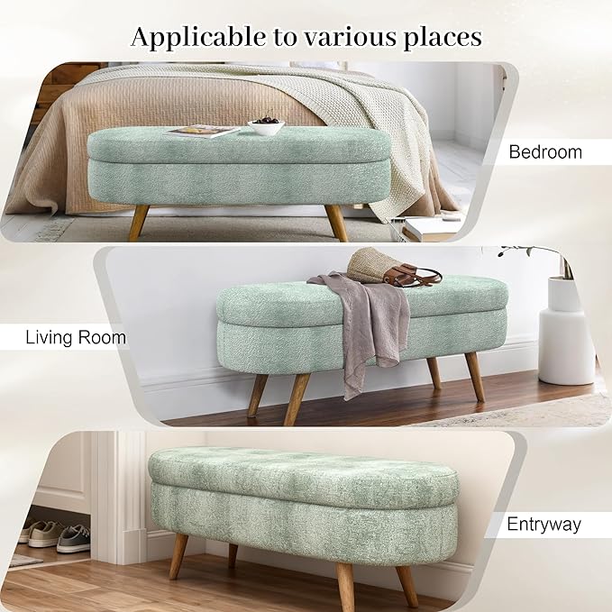 Storage Bench, 43" Storage Ottoman Bench, Shoe Storages Benches for Bedroom, Upholstered Entryway Benches with Seating, Rubber Wood Legs for Bedroom, Living Room, Entryway, Bed Side, Cyan