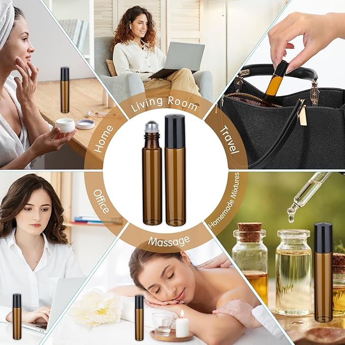 10pcs Amber Essential Oil Roller Bottles, 10ml Roller Bottles for Essential Oils, Refillable Roller Balls for Essential Oils, with Stainless Steel Roller Balls, 2 Droppers for Travel, Perfume and Lip