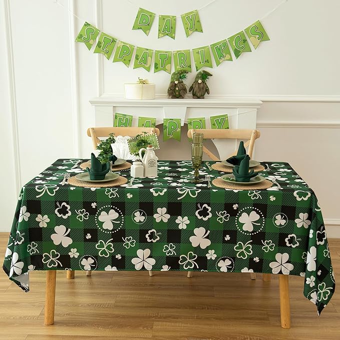Gingham St Patricks Day Tablecloth Fabric - Oblong 58x120 Water Resistant Irish Plaid Table Cloth for Indoor/Outdoor Use - Lucky Clover Decorations Perfect for Birthday, Picnics, Gardens