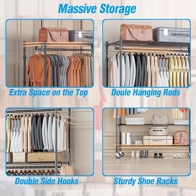 Homdox 3 Tier Heavy Duty Garment Rack with Wheels, Adjustable Wire Clothes Rack with Double Hanging Rods, Portable Closets for Hanging Clothes with Side Hooks, Black
