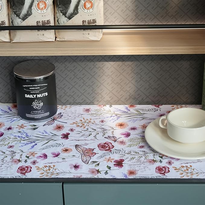 Shelf and Drawer Liner for Kitchen Cabinets, Non-Adhesive and Strong Non-Slip Floral Shelf Cabinet Drawer Liners for Kitchen, Waterproof Cupboard Liners,Easy to Clean,12IN x 10FT