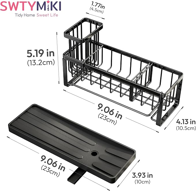 SWTYMIKI Sponge Holder for Kitchen Sink - Sink Caddy with Brush Holder Self-draining Sponge Caddy Organizer with Divider Stainless Steel Kitchen Accessories Storage for Countertop, Black