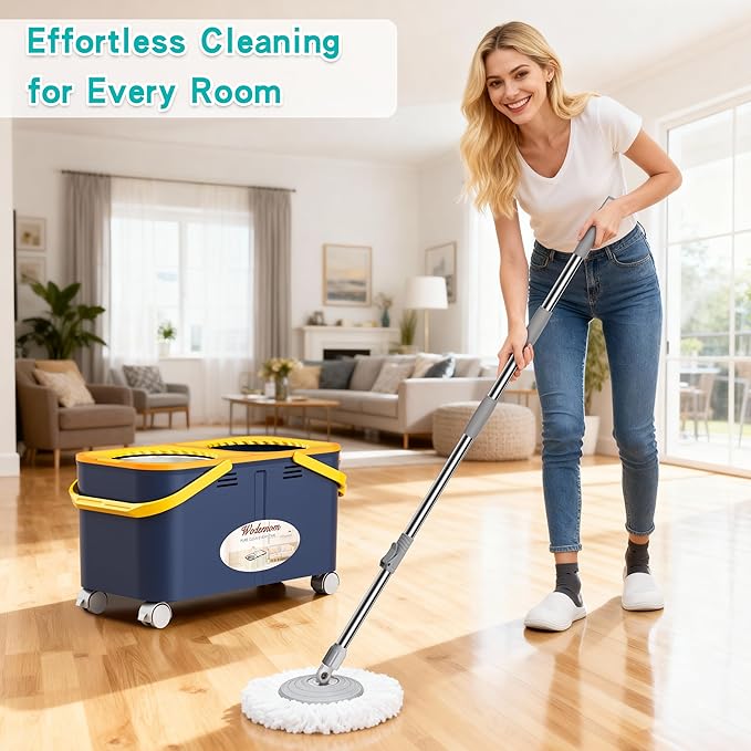 2025 Upgraded Spin Mop and Bucket with Clean & Dirty Water Separation, 360° Swivel Wheels, Hands-Free Wringer, 6 Microfiber Mop Heads for Home Floor Cleaning – Blue/Yellow
