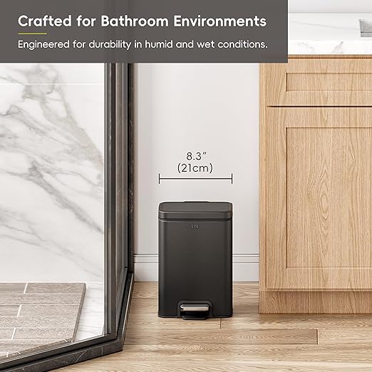 EKO Madison Matte Black 6L / 1.6 Gal Bathroom Trash Can with Lid and Removable Inner Basket, Rectangular Small Step Trash Can, Brushed Stainless Steel