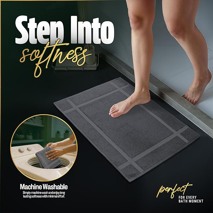 Pearl Linens Pack of 2 Washable Cotton Bath Mat 18x25 - Soft & Absorbent Quick Dry Bathroom Mat Set, Not Bathroom Rugs After Shower Mat, Terry Bath Tub Mat, 687 GSM Dark Grey