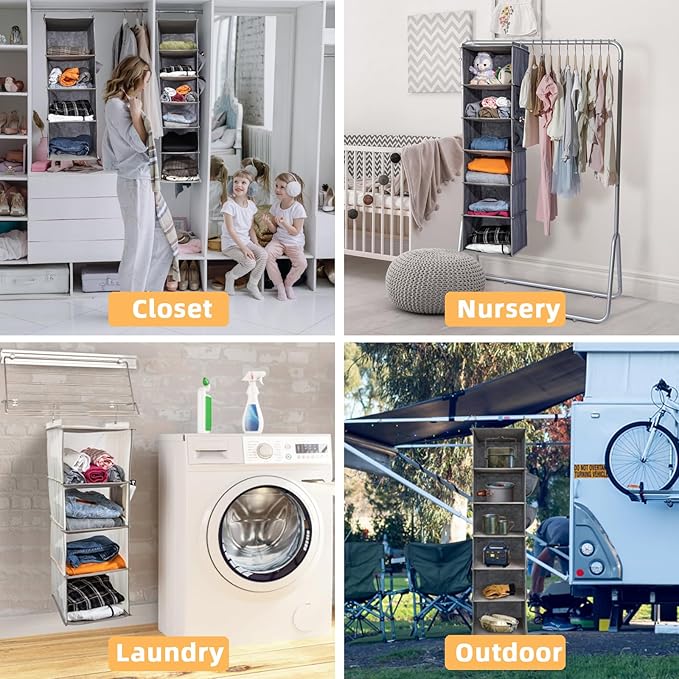 4-Shelf Hanging Closet Organizer and Storage, Collapsible Hanging Shelves for Closet with 2 Side Pockets, Hanging Shoe Organizer to Saving Space,Black