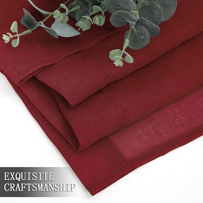 Tollpiz Sheer Tier Curtains Kitchen Linen Textured Half Curtain Sheers Light Filtering Rod Pocket Voile Bathroom Short Curtains for Farmhouse, 25 x 30 inches Long, Burgundy Red, Set of 2 Panels