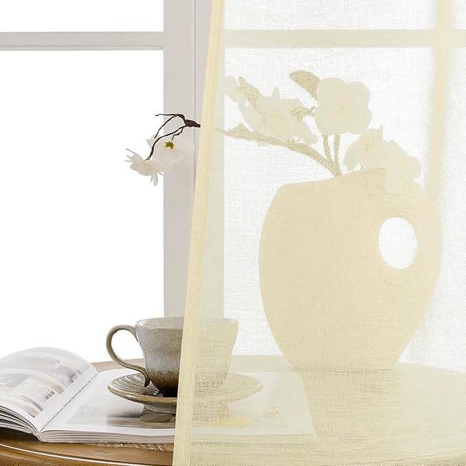 Tollpiz Sheer Door Curtains Closet Linen Textured Curtain Sheers Doorway Light Filtering Voile Patio Door Rod Pocket Curtains French Door, 54 x 80 inches Long, Transparent Yellow, Set of 1 Panel