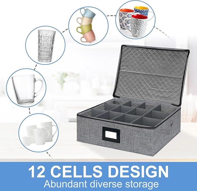 homyfort Mug Coffee Storage Box with Dividers - Stackable Glass China Storage Containers Hard Shell with Lid, Label and Handles, Holds 12 Coffee Mugs and Tea Cups (Dark Grey)