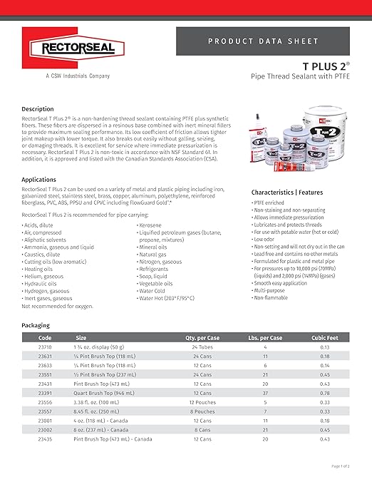 Rectorseal 23391 Quart Brush Top T Plus 2 Pipe Thread Sealant
