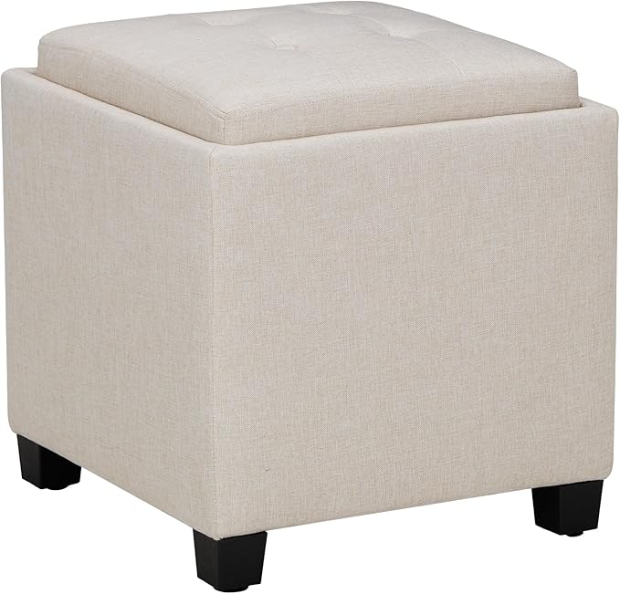 COLAMY Fabric Square Storage Ottoman with Reversible Tray Lid – Multi-Functional Footrest, Hidden Storage, Sturdy & Stylish Small Coffee Table for Living Room, Bedroom, or Entryway(Beige)