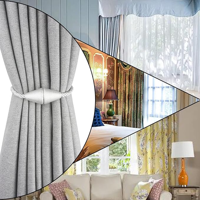 2 Pack Magnetic Curtain Tiebacks Rope Modern Handmade Curtain Tie Backs Decorative Drapes Weave Holdbacks for Window Décor, Silver