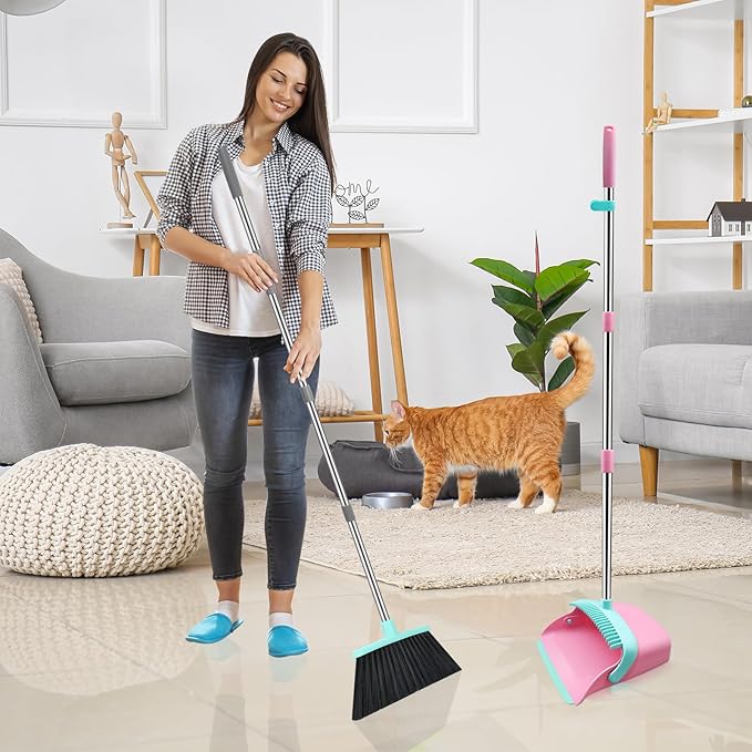 Broom and Dustpan Set, 52-in Long Adjustable Handle Broom Dustpan Combo with Dust pan Teeth to Automatically Clean Hair Suitable for Home Kitchen Office Hall Floor(Pink&Blue)