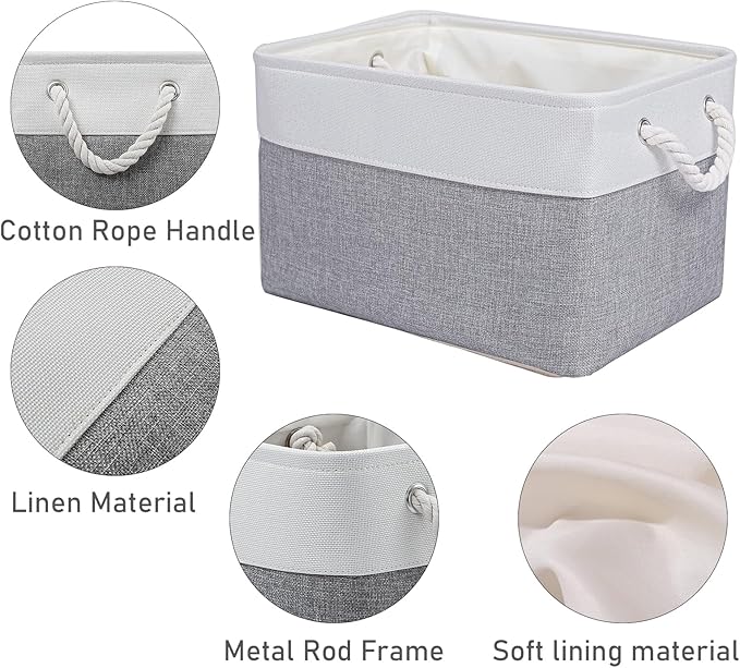 15x11x9.5 Inch Storage Baskets for Shelves,3 Pack Storage Bins,Foldable Organizer Boxes, Decorative Storage Basket for Organizing Clothes, Toys, Books, Foldable Cloth Baskets (White&Gray)