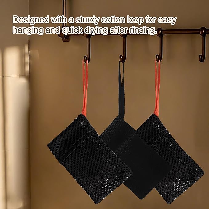 2 Pack Soap Bag Different Roughness Deep and Gentle,Bar Soap Pouch Saver Pocket,Body Scrubber Shower Sponge Loofah,Exfoliating Bath Sponge (Black)