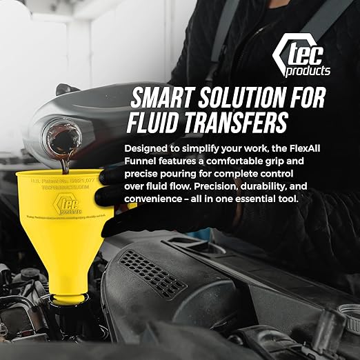 TEC Products FlexAll Long Flexible Funnel for Automotive Use - Durable Nitrile Rubber - Ideal for Car Oil Change, Transmission Funnel Fluid, Diesel, Fuel, Gas - Made in USA - Yellow (16 x 5 Inches)